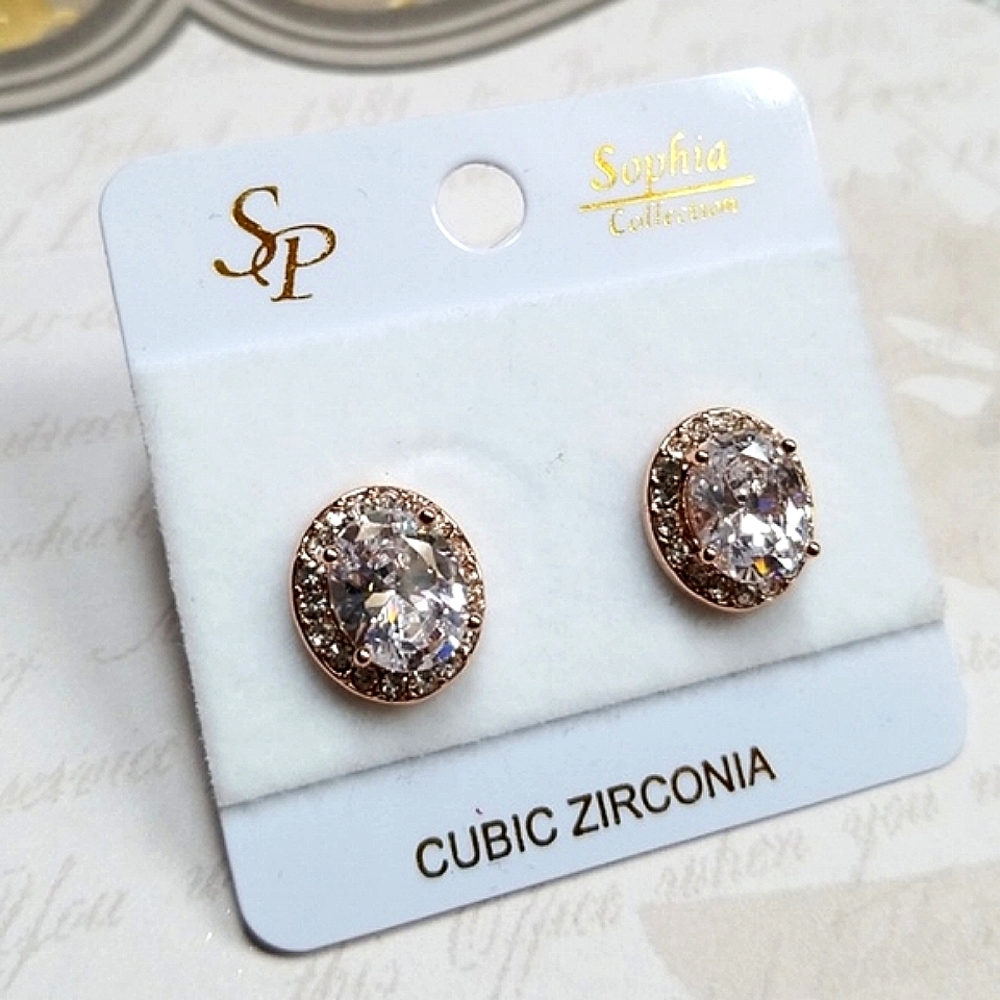 Cubic Zirconia Rose Gold Post Back Oval Earrings For Pierced Ears - Picture 7 of 12